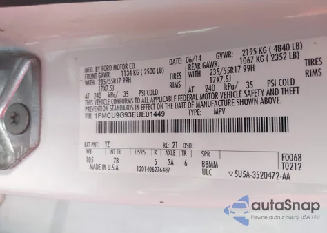 2014 Ford Escape Se из США, поврежденный, VIN 1FMCU9G93EUE01449